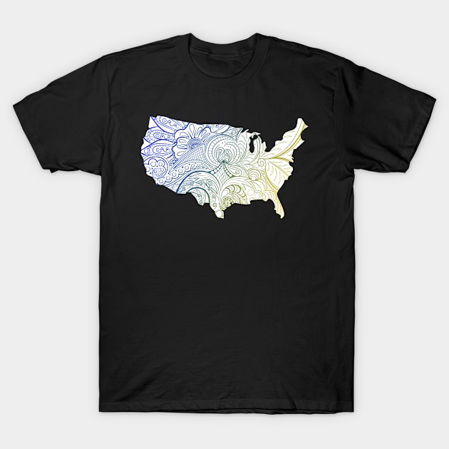 Colorful mandala art map of the United States of America in blue and yellow on white background T-Shirt by Happy Citizen